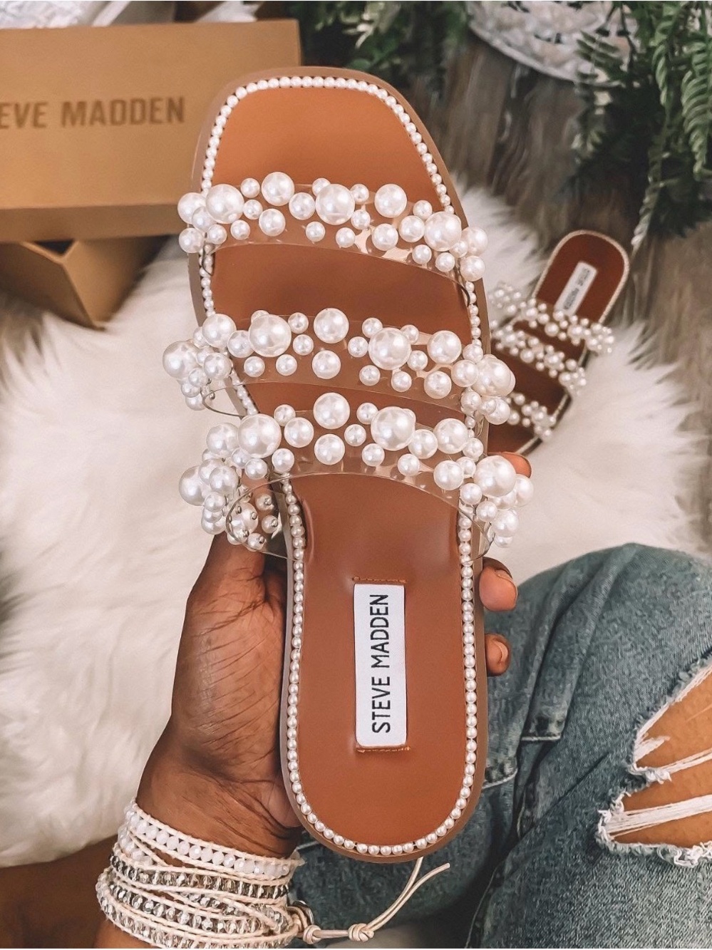 Steve Madden Tan Slide Sandal with Pearl-Strap Detail
